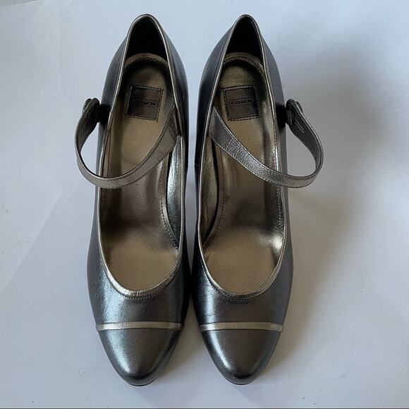 Coach Lauryn Mary Jane Heels Made in Italy Silver Pewter Metallic New 10 - Picture 6 of 14